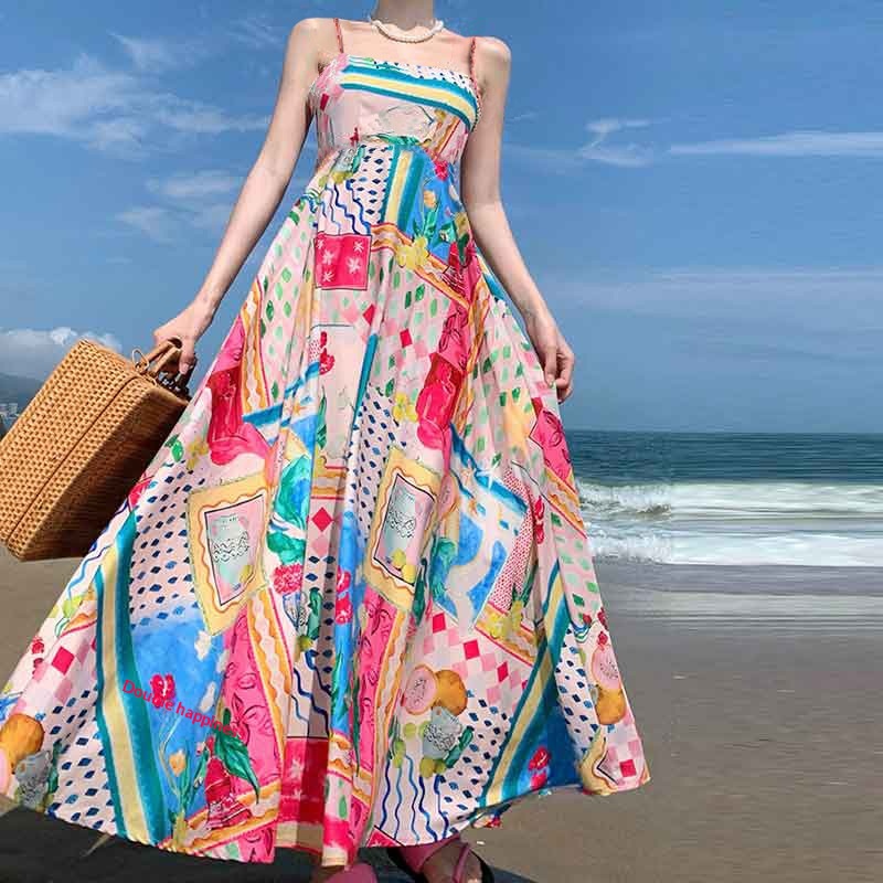 2026 Spring New Clothing: Cross-Border European American Dresses, High-Waisted Printed And Painted Women's Large-Sleeve_voghion.com