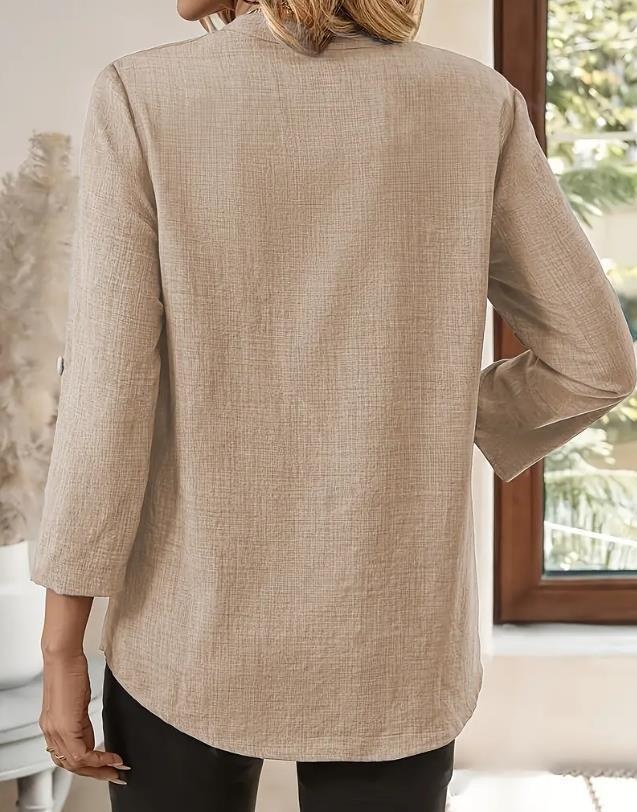 Women's Casual Loose V-neck Blouse Solid Color Plus Size Top_voghion.com