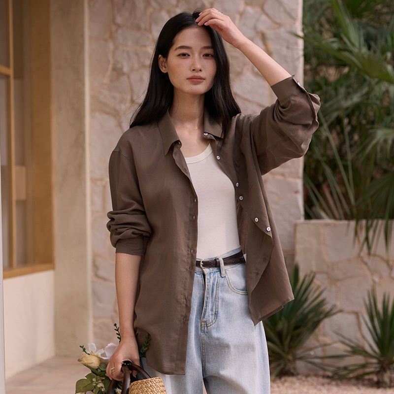 Spring Summer Lenzing Tencel Linen Shirt For Women New Lyocell Solid Color Pocket Cardigan Skin-Friendly Comfortable_voghion.com