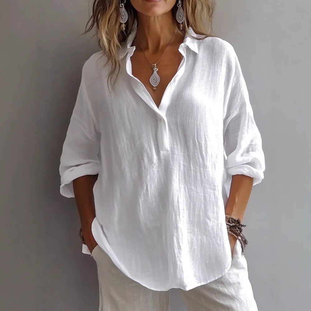 2025 European And American Cross-Border Spring Summer New Solid Color Casual Loose Plus Size V-Neck Long Sleeve_voghion.com
