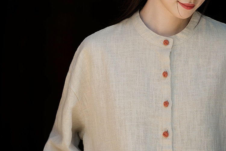 Women's Linen Blend Stand Collar Button Up Pullover Blouse Top_voghion.com