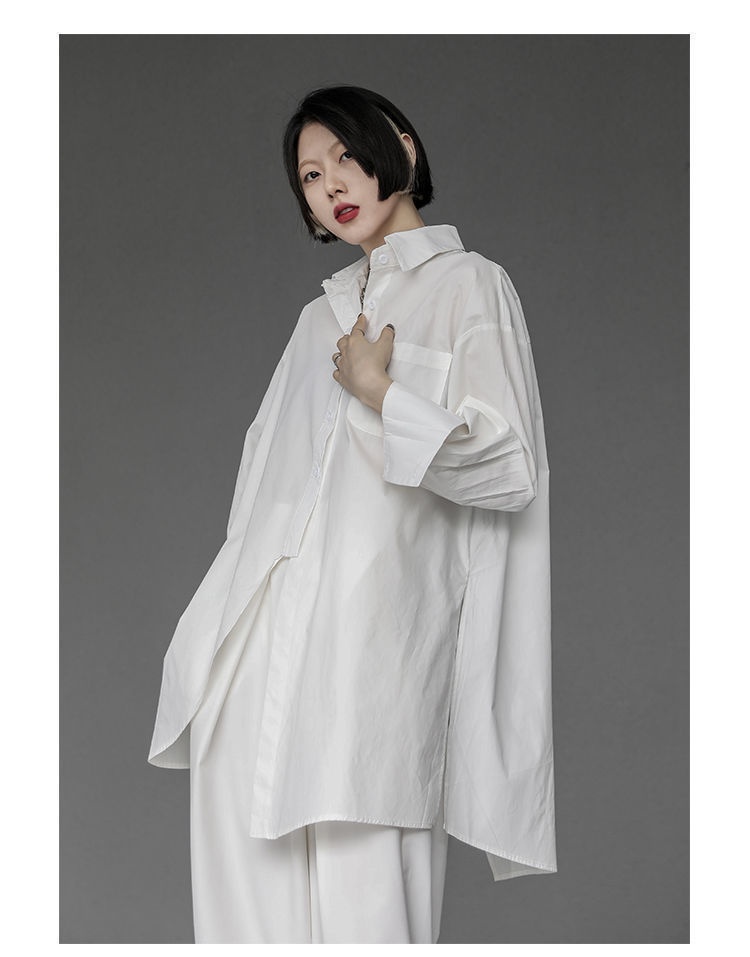 Women's Irregular Button-up Shirt Mid-length Bf Style Blouse_voghion.com