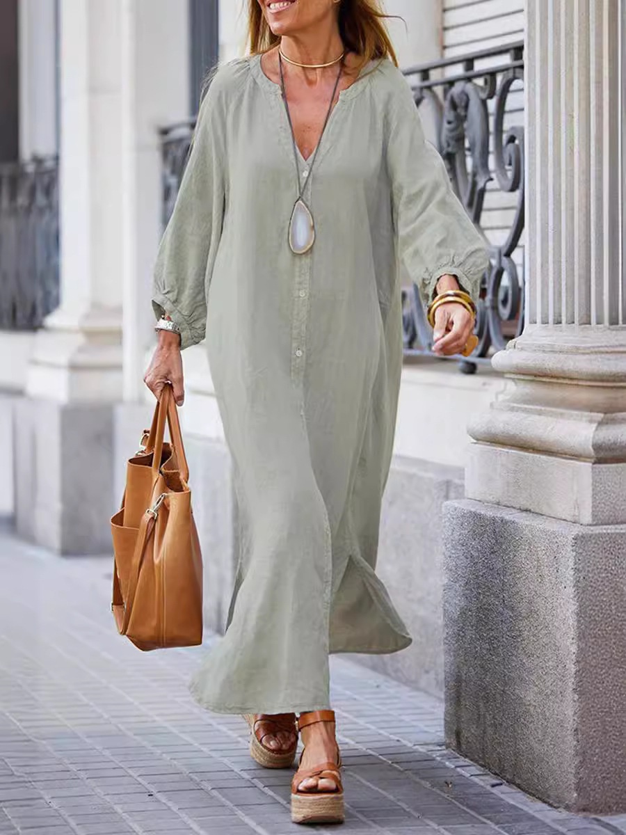 2026 Summer Women's Cotton Linen Long Dress V-neck Shirt Casual Commuting European And American Cross-border Bestseller_voghion.com