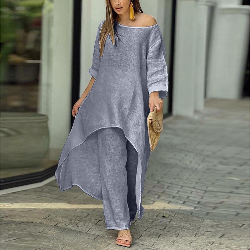 2026 Spring New Cross-Border European And American Women's Fashion Elegant Loose Solid Color Stylish Round Neck Wide-Leg_voghion.com