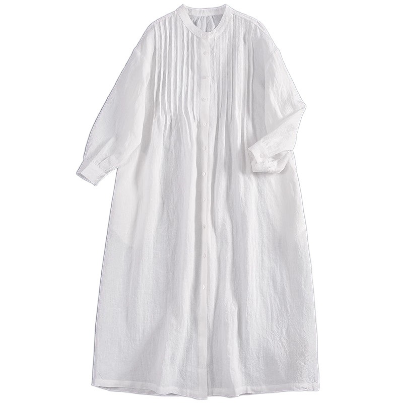35592025 Spring/Summer Pleated Design Linen Sleeve Versatile Casual White Long Shirt Dress_voghion.com