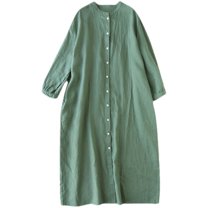 2022 Japanese Artistic Stand-Collar Long Shirt Pure Linen Forest Style Loose Cotton-Linen Dress_voghion.com