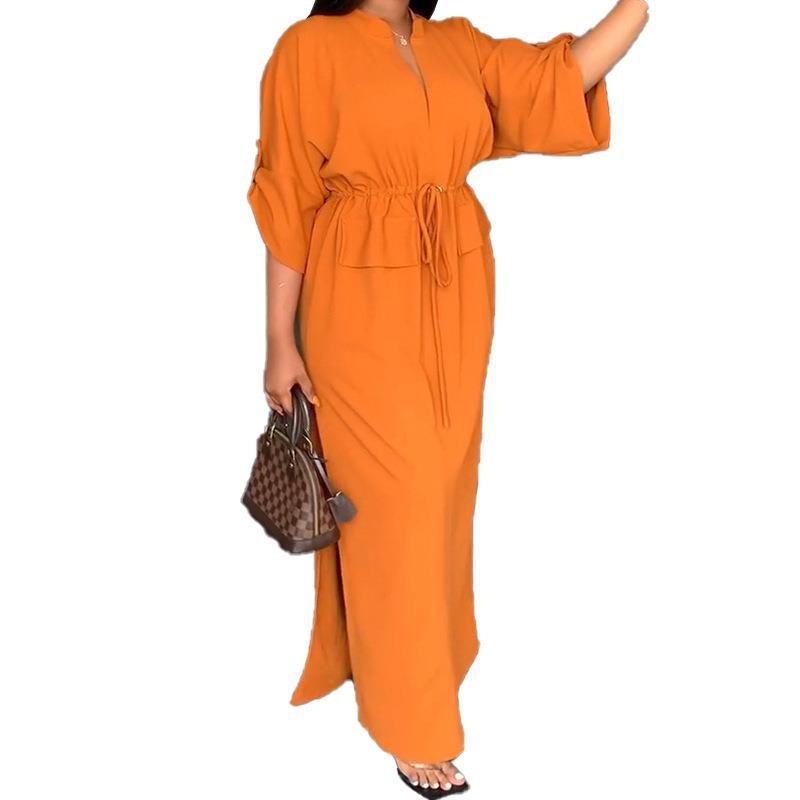 2026 Spring New European And American Cross-Border Women's INS Casual Fashion Stand Collar Slit Long Solid Color Dress_voghion.com