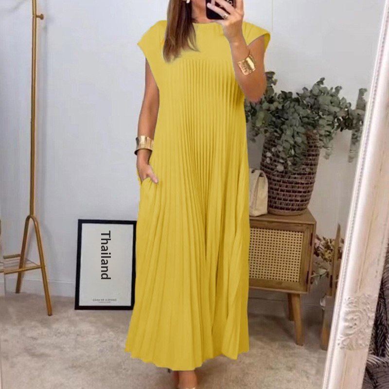 2026 Spring New Cross-Border European And American Women's Elegant Fashion Round Neck Sleeveless Pleated Long Dress_voghion.com
