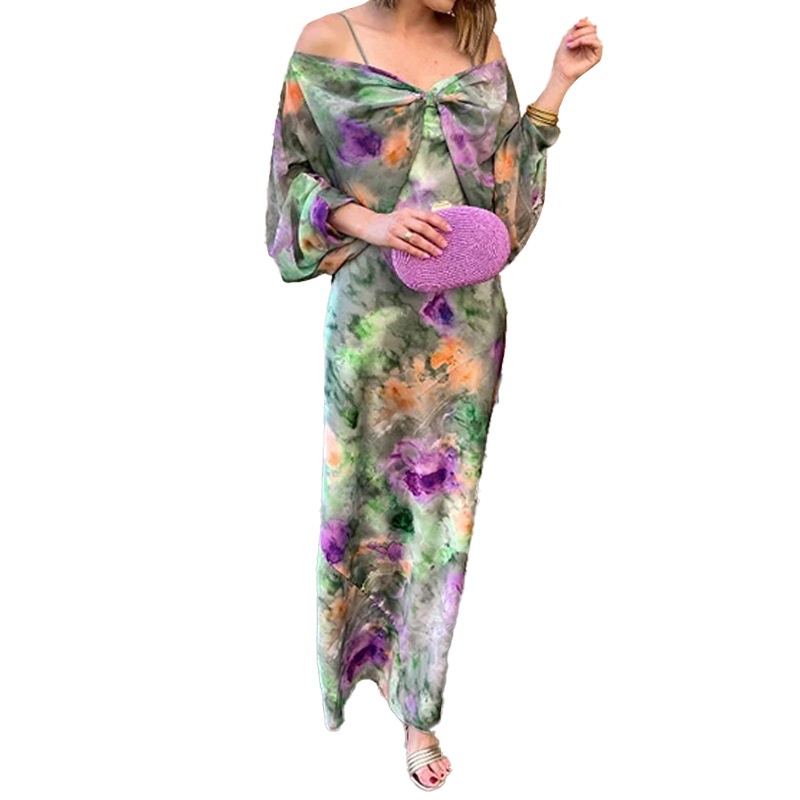 Conjunto vestido maxi mulher elegante ombros descobertos tie-dye_voghion.com