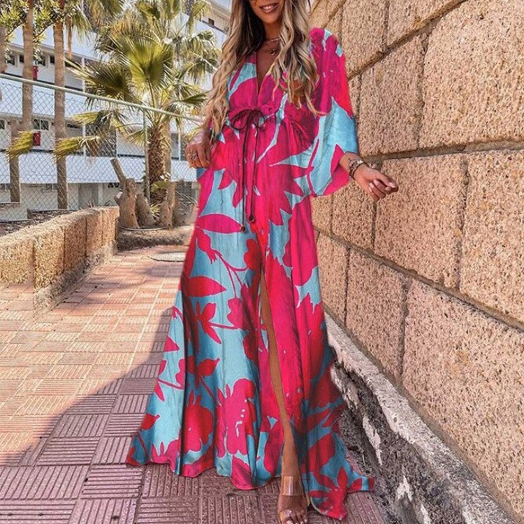 Dames maxi jurk met v-hals print en wijde zoom_voghion.com