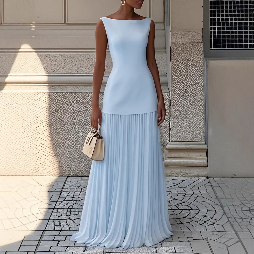 Elegant Women's Dress Slim Fit Pleated Solid Colour Party Gown_voghion.com