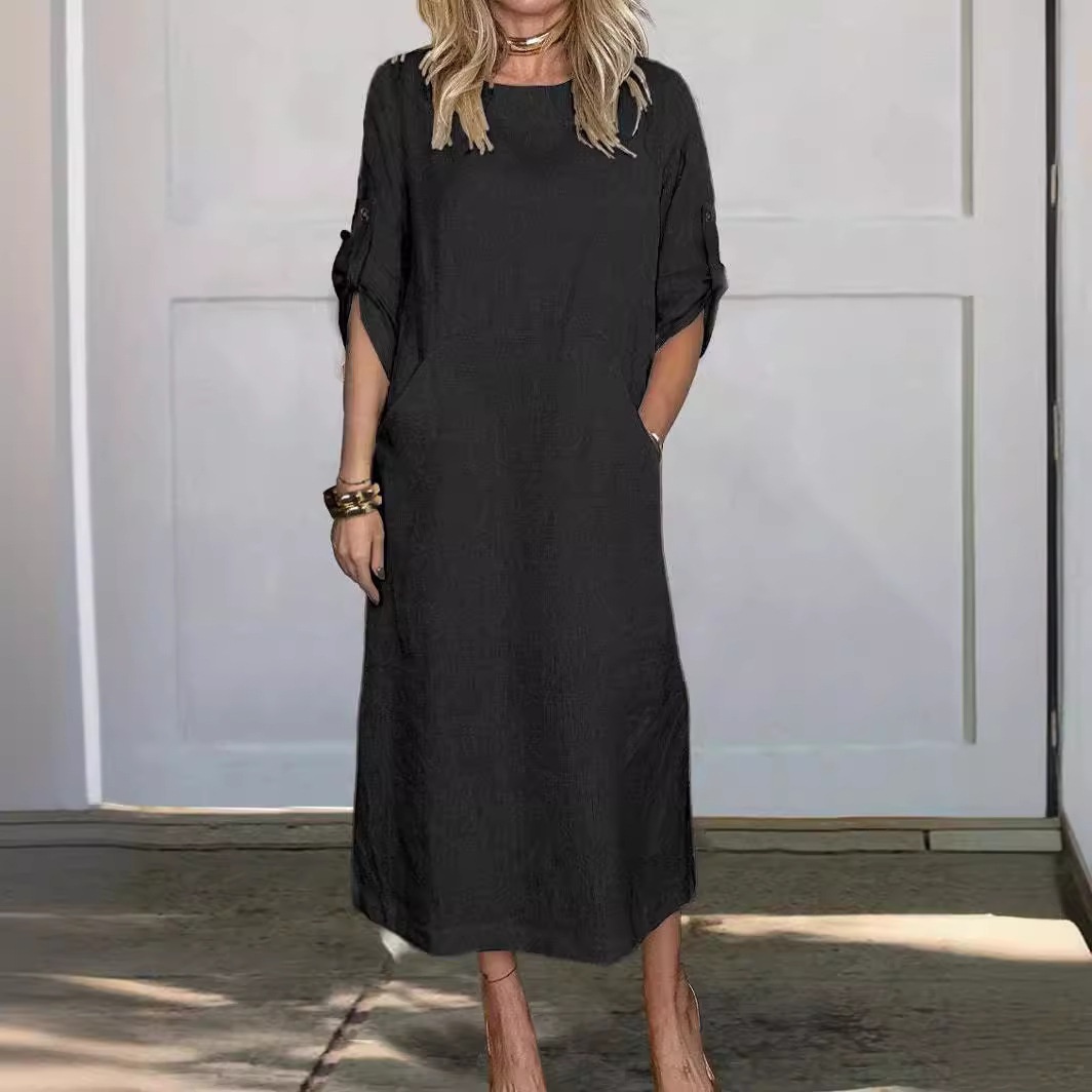 Nouvelle robe d'été 2024 style européen et américain transfrontalier, ample et décontractée, unie, à manches courtes, en coton et lin._voghion.com