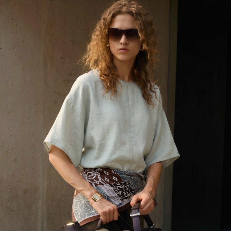 Pure Round-neck, Drop-shoulder, Short-sleeve Women's Old Money Linen Top With Three-quarter Sleeves, New Summer Style_voghion.com