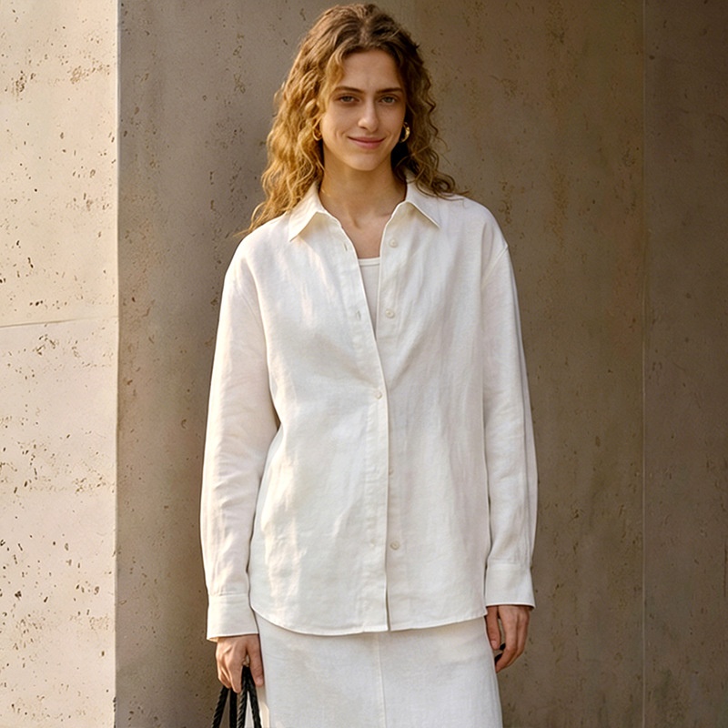 Giacca bianca in puro cotone stile francese con colletto risvoltato, maglia a maniche lunghe da donna, adatta per la primavera e l'autunno._voghion.com