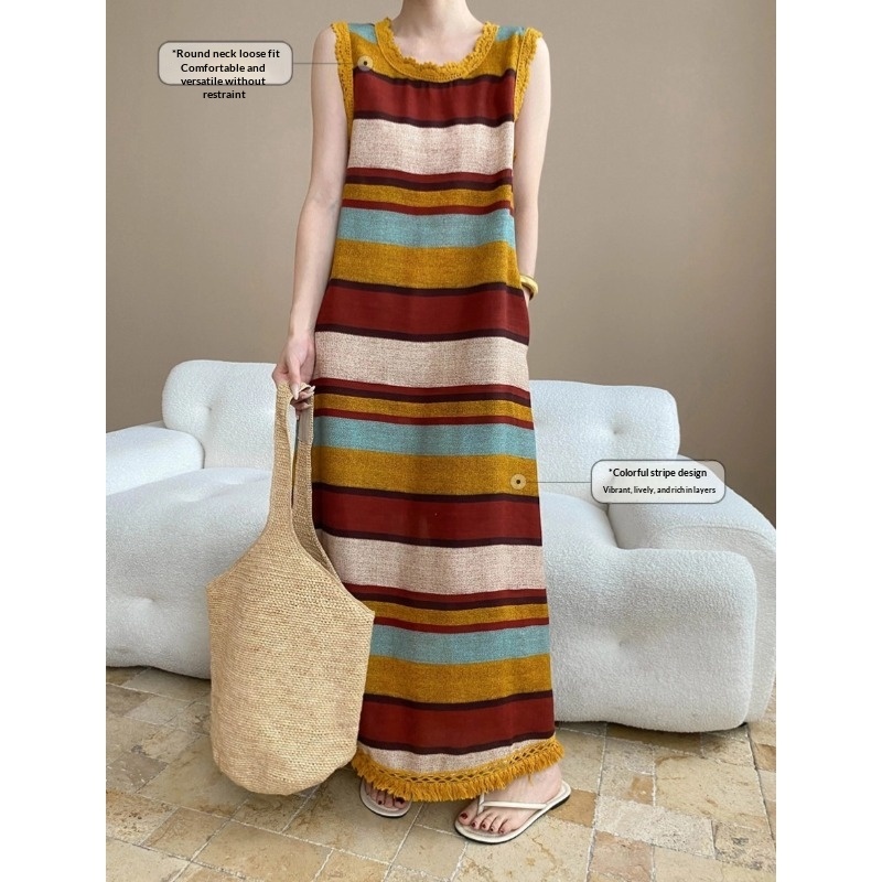 Sinan Lazy Vacation Style Tencel Linen Fringe Edge Round Neck Colorful Striped Tank Dress SN7698_voghion.com