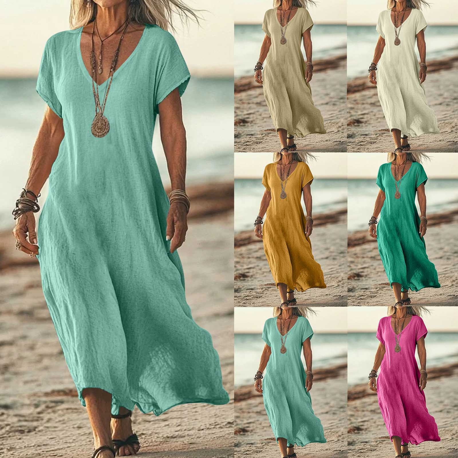 Damen Kleid Aus Baumwoll-leinen Mit V-ausschnitt Und Kurzen Ärmeln_voghion.com