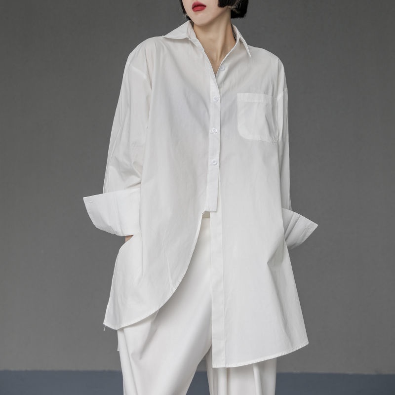 Women's Irregular Button-up Shirt Mid-length Bf Style Blouse_voghion.com