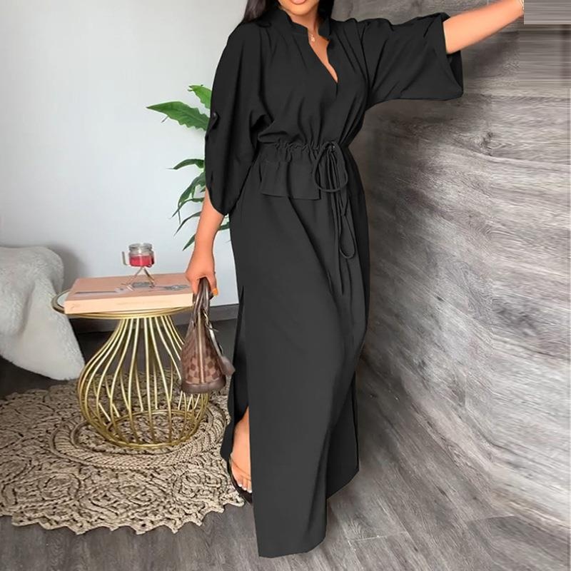2026 Spring New European And American Cross-Border Women's INS Casual Fashion Stand Collar Slit Long Solid Color Dress_voghion.com