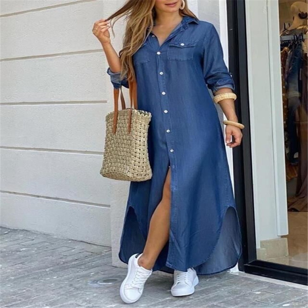 Damen Kleid Modisches Sexy Langarmhemd Mit Knopfleiste_voghion.com