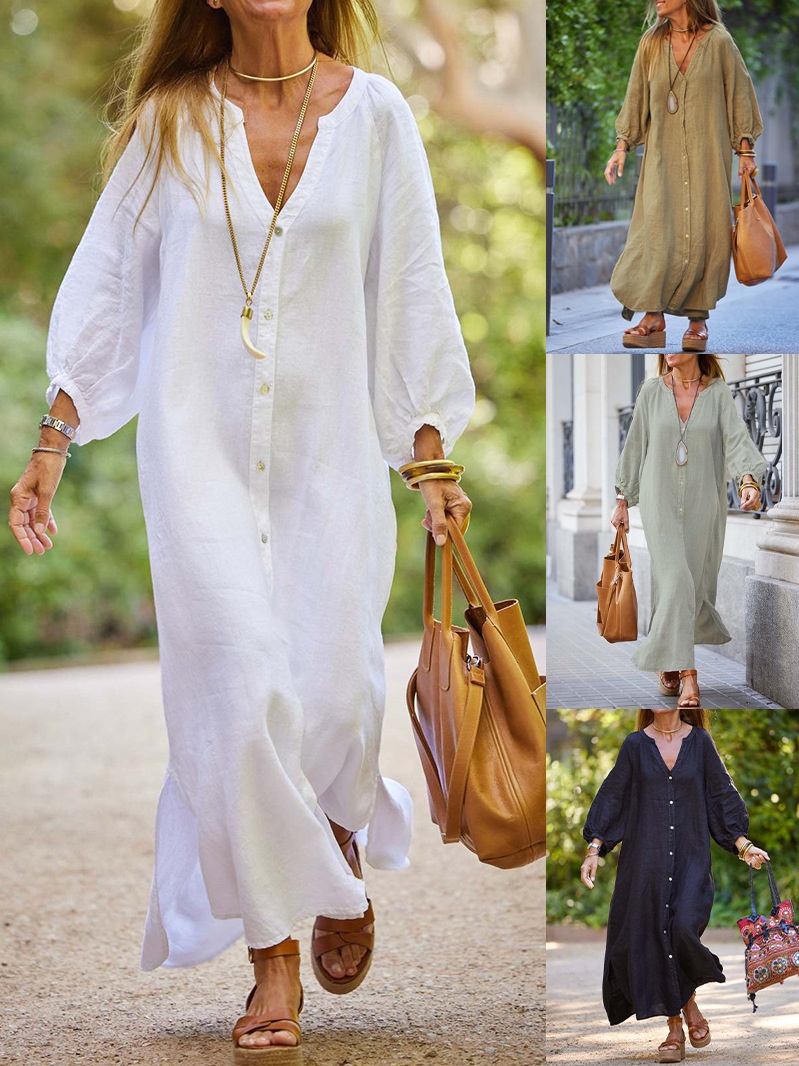 2026 Summer Women's Cotton Linen Long Dress V-neck Shirt Casual Commuting European And American Cross-border Bestseller_voghion.com