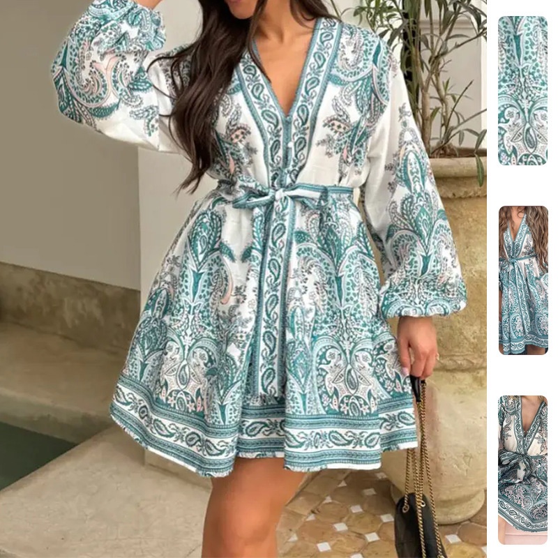 Neues europäisch-amerikanisches Damenkleid für den Frühling 2026: Elegantes und stilvolles Kleid mit V-Ausschnitt, lockerer Passform und Taillengürtel_voghion.com