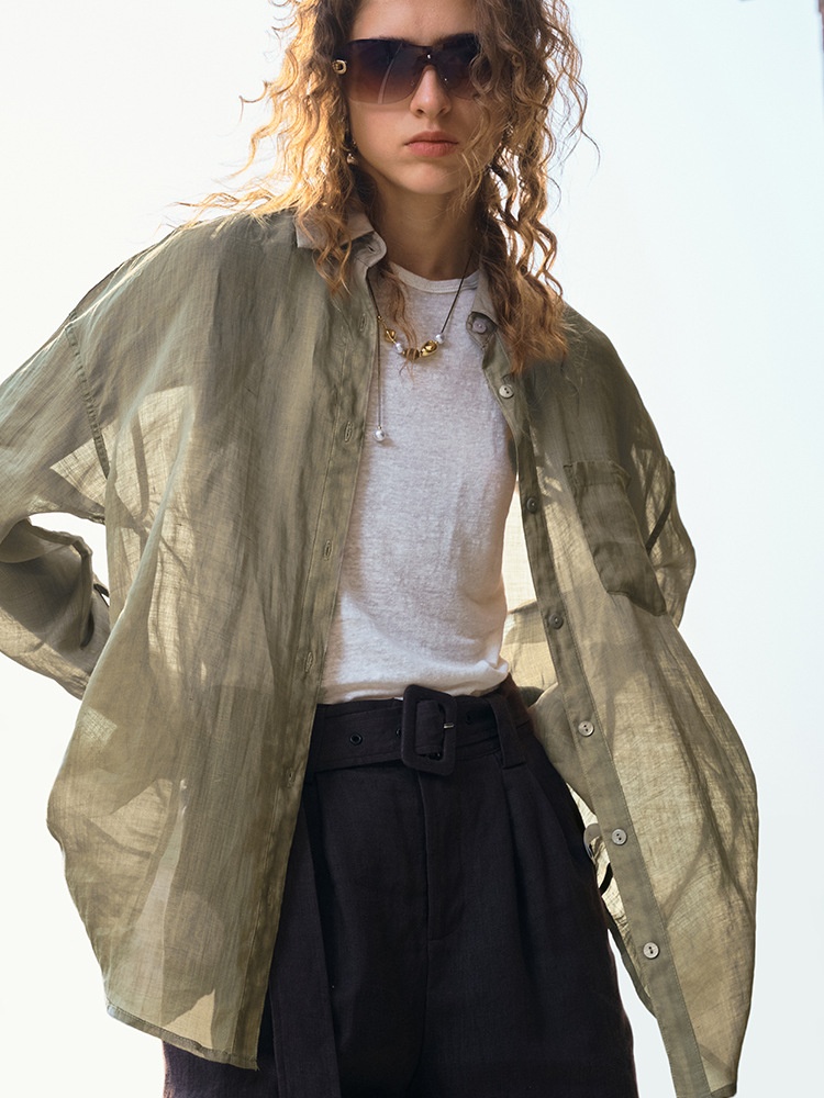 100% Long-sleeve Collared Shirt, Breathable, New Spring/summer Style, Slimming Casual, Light And Airy Women's Ramie Sun Shirt_voghion.com