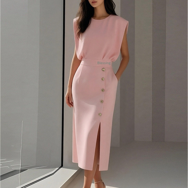 Elegant damklänning med slits och knappar i fransk stil_voghion.com