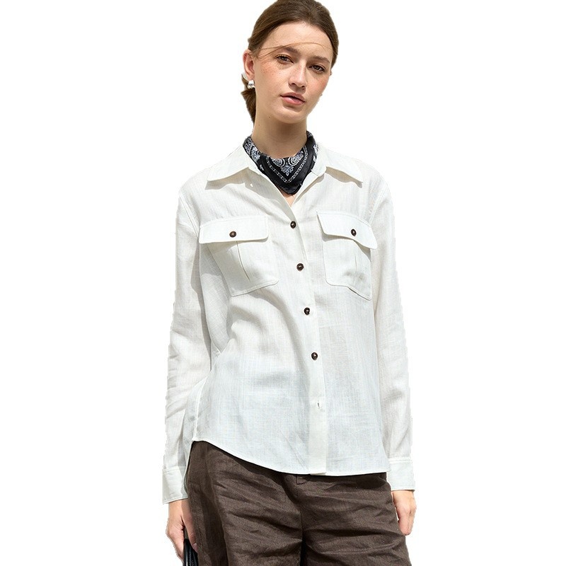 High-end Workwear For Women, Spring Multi-pocket Turn-down Collar Top, Old Money European And American Style Tencel Linen_voghion.com