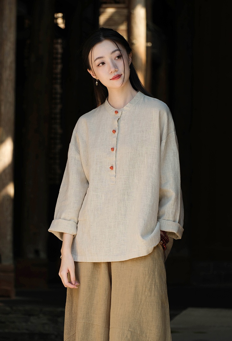 Women's Linen Blend Stand Collar Button Up Pullover Blouse Top_voghion.com