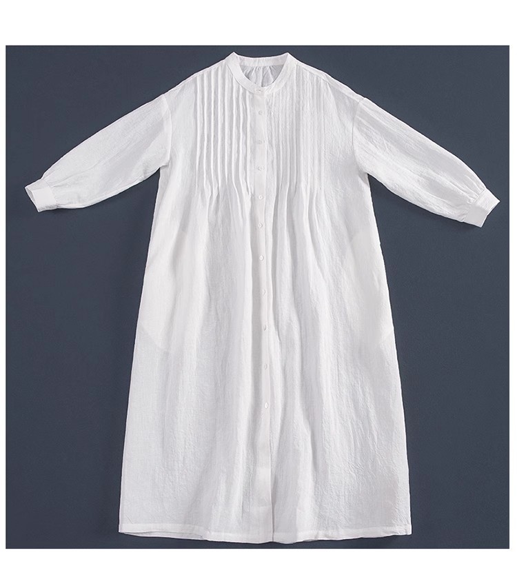 Women's Linen Shirt Dress Pleated Casual Summer Style White_voghion.com