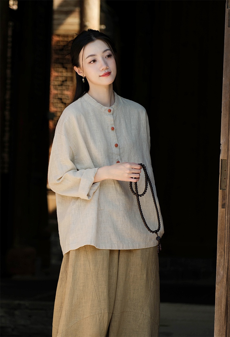 Women's Linen Blend Stand Collar Button Up Pullover Blouse Top_voghion.com