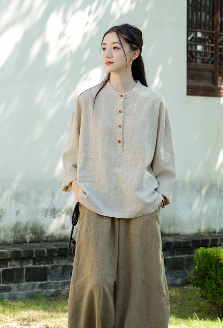 Women's Linen Blend Stand Collar Button Up Pullover Blouse Top_voghion.com