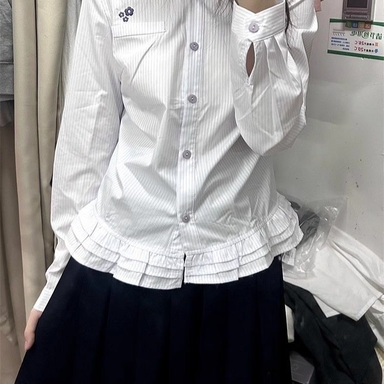 Camicia a righe stile giapponese a maniche lunghe con volant_voghion.com