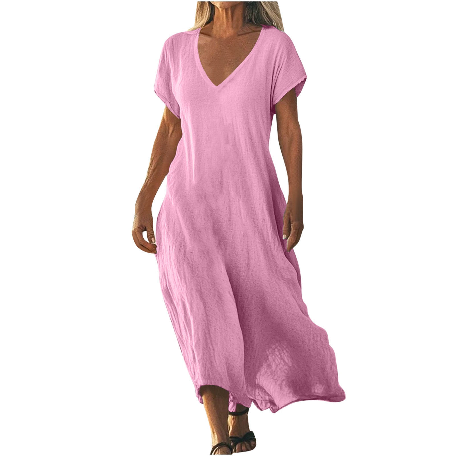 Frühjahr/Sommer 2025 Cross-Border Exklusives Baumwoll-Leinen-Kleid mit V-Ausschnitt, kurzen Ärmeln und lockerem Schnitt – ein lässiges Damen-Urlaubskleid im Cross-Border-Stil_voghion.com