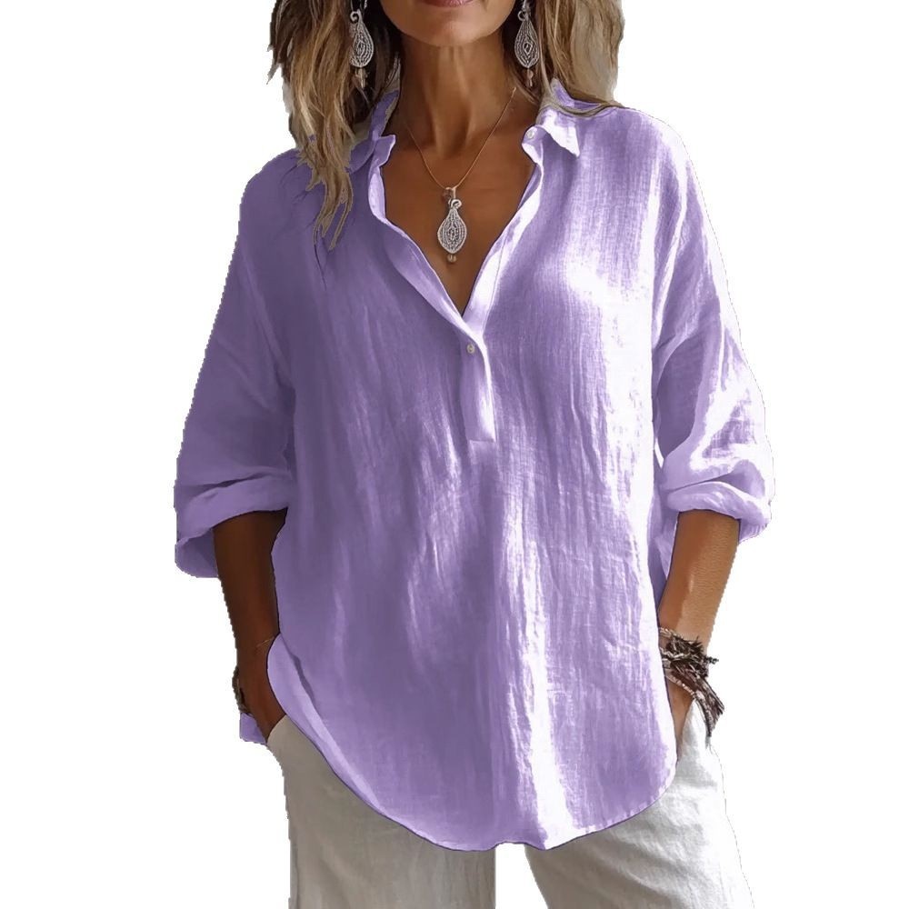 2025 European And American Cross-Border Spring Summer New Solid Color Casual Loose Plus Size V-Neck Long Sleeve_voghion.com