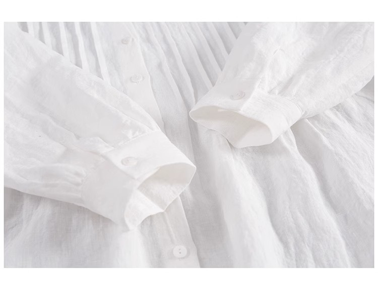 Women's Linen Shirt Dress Pleated Casual Summer Style White_voghion.com