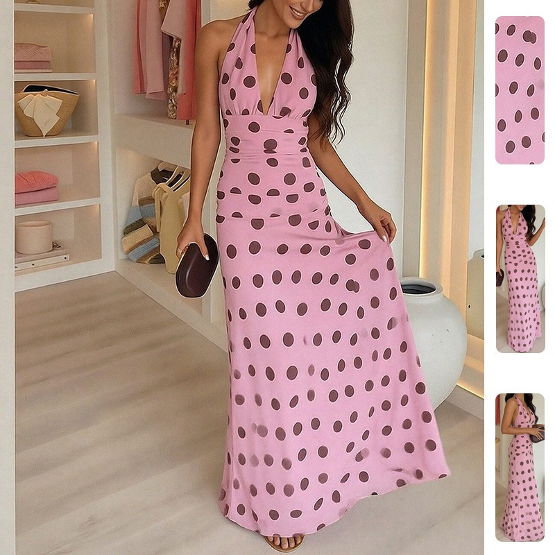 Wiosna 2026 Nowa, transgraniczna europejska i amerykańska moda Elegancka, swobodna, uniwersalna sukienka do pracy z dekoltem w serek i kropkami_voghion.com