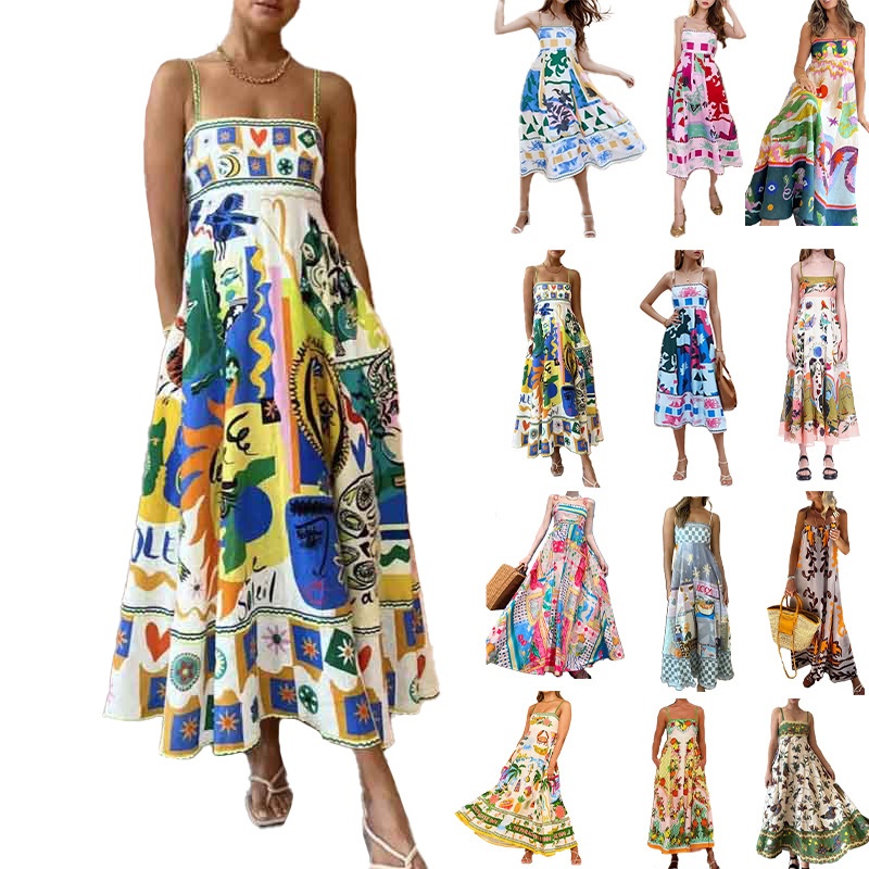 2026 Spring New Clothing: Cross-Border European American Dresses, High-Waisted Printed And Painted Women's Large-Sleeve_voghion.com
