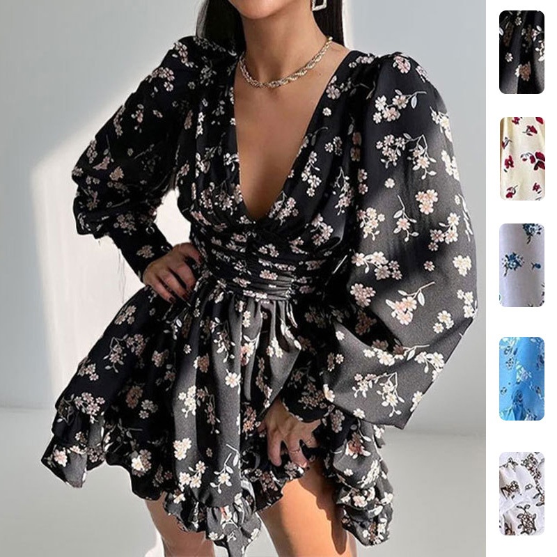 Robe courte plissée sexy dos nu à manches longues imprimée, collection printemps 2026, tendance européenne et américaine pour femmes_voghion.com
