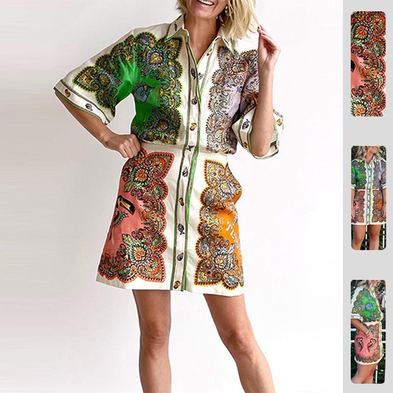 Abito camicia da donna con risvolto stampato, nuovo modello cross-border europeo e americano, primavera 2026, elegante e casual, vestibilità slim._voghion.com