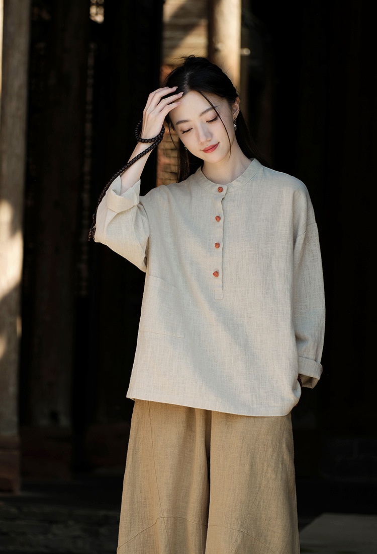 Women's Linen Blend Stand Collar Button Up Pullover Blouse Top_voghion.com