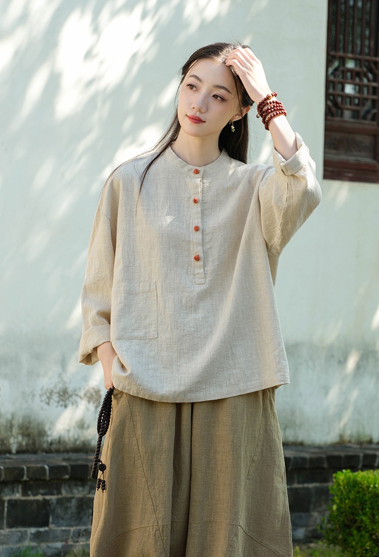 Women's Linen Blend Stand Collar Button Up Pullover Blouse Top_voghion.com