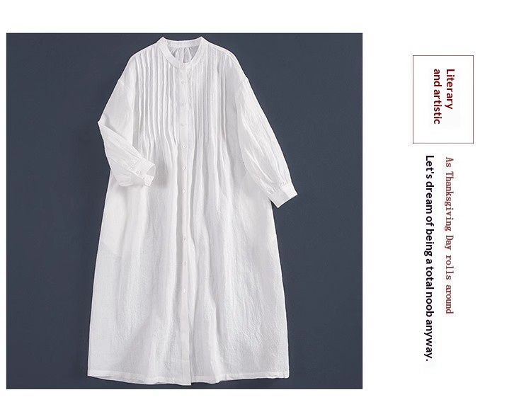 Women's Linen Shirt Dress Pleated Casual Summer Style White_voghion.com