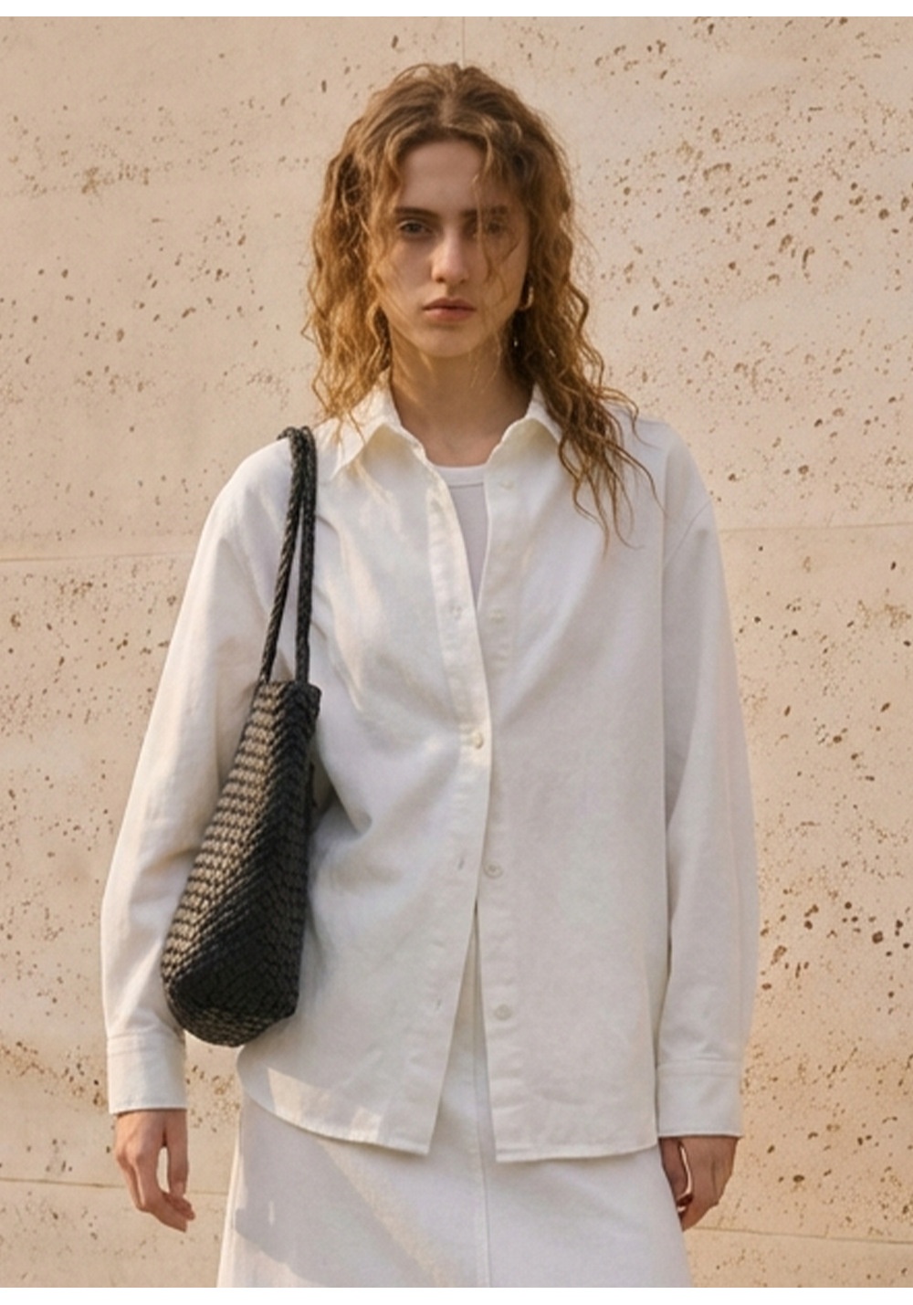 Camicia donna stile francese in puro cotone bianco maniche lunghe_voghion.com