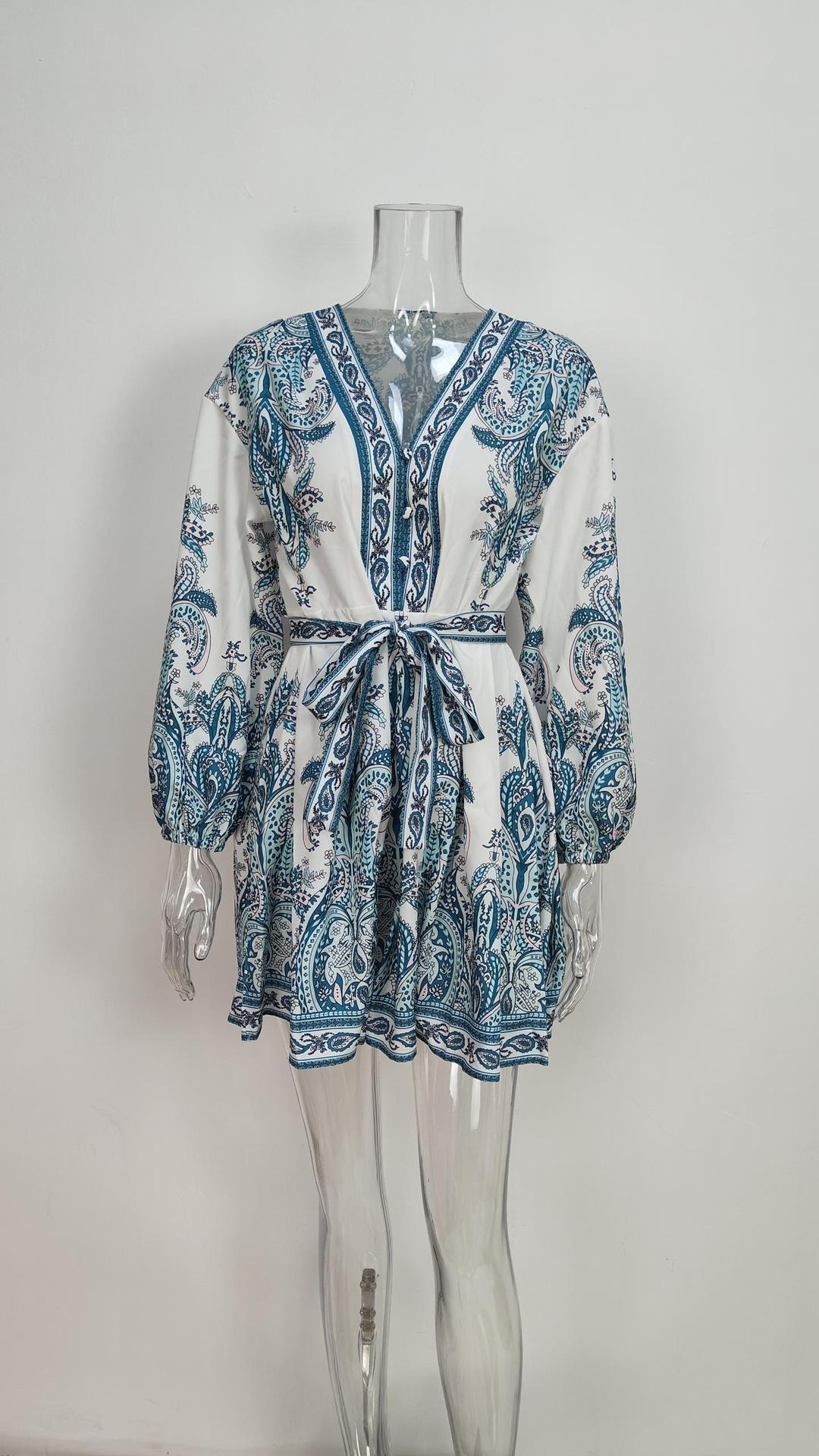 Elegantes Damen V-ausschnitt Kleid Mit Bindegürtel, Lose Passform_voghion.com