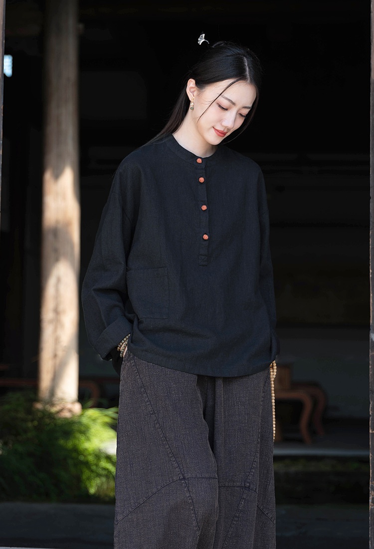 Women's Linen Blend Stand Collar Button Up Pullover Blouse Top_voghion.com