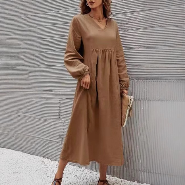Foreign Trade Clothing 2022 Frühling Neue Mode Damen Baumwoll-Leinen Lockeres Laternenärmelkleid Europäisch Und_voghion.com