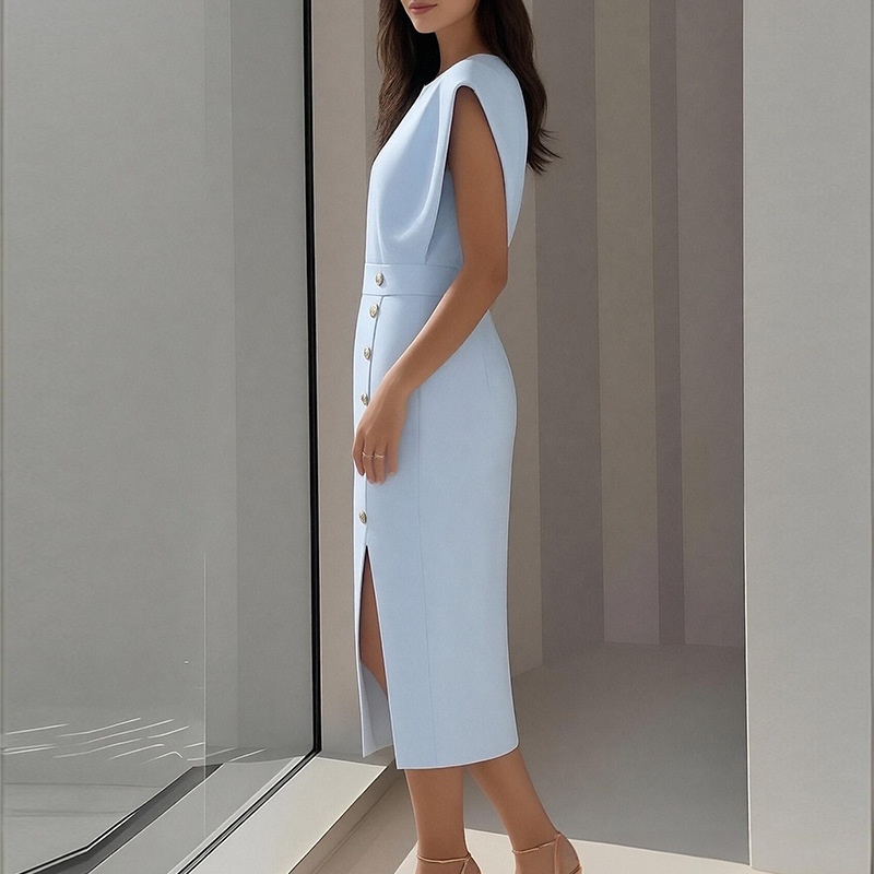 Elegant damklänning med slits och knappar i fransk stil_voghion.com
