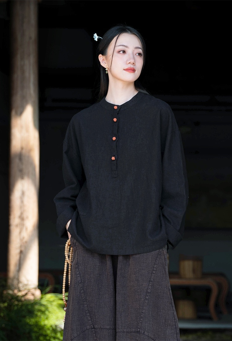 Women's Linen Blend Stand Collar Button Up Pullover Blouse Top_voghion.com