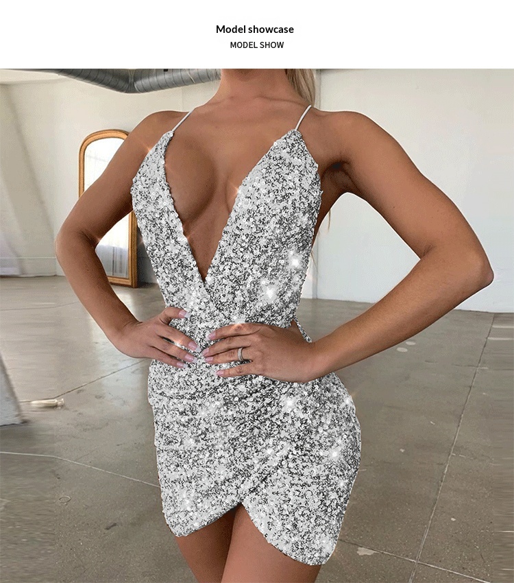 Women's V-neck Sequin Strap Plus Size Dress Elegant Evening Gown_voghion.com